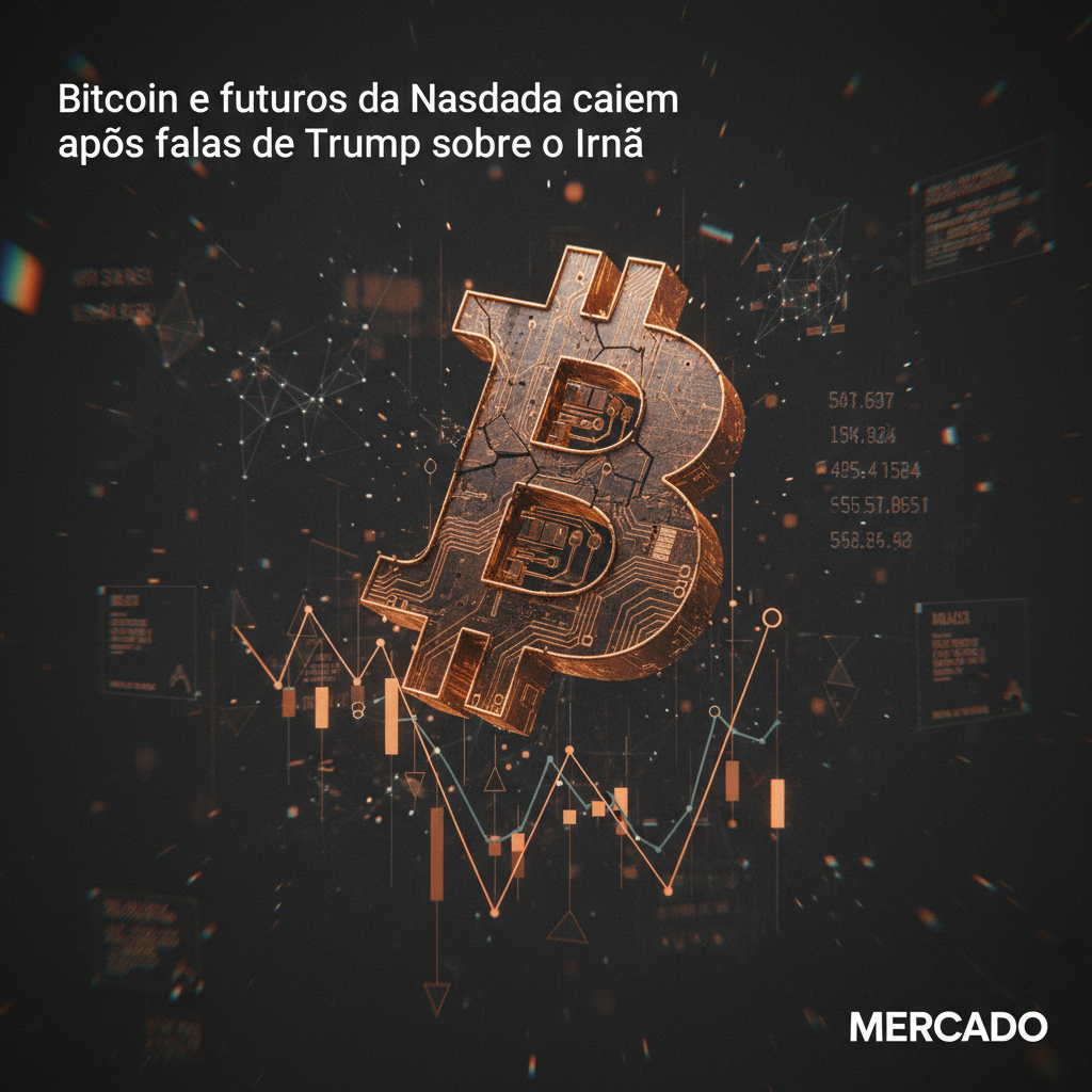 Ilustração editorial sobre Bitcoin e futuros da Nasdaq caem após falas de Trump sobre o Irã