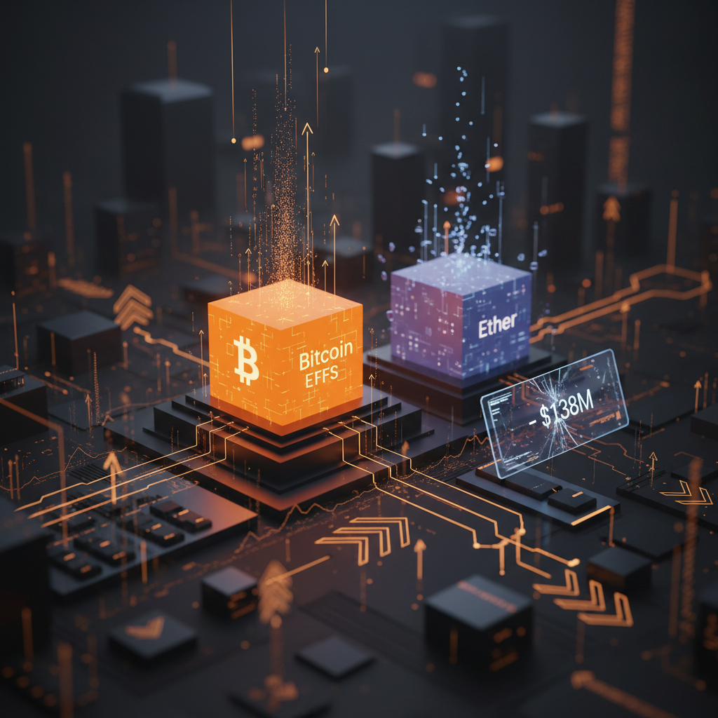 Ilustração editorial sobre ETFs de Bitcoin mantêm captação enquanto Ether perde US$ 138M