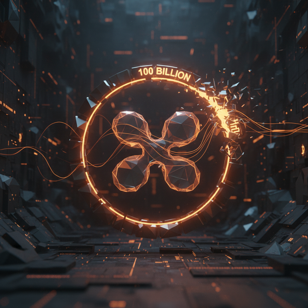Ilustração editorial sobre XRP corrige falha crítica que ameaçava limite de 100 bilhões